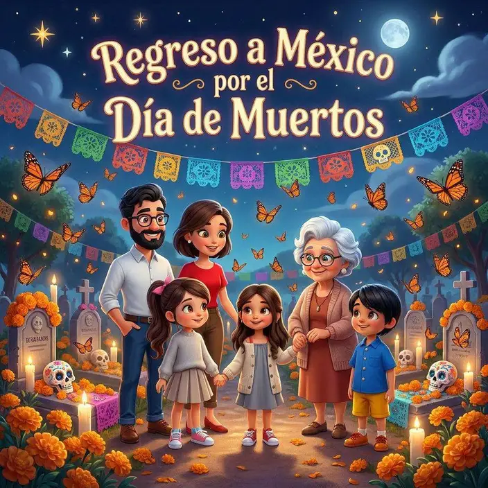 Una familia posa en una calle mexicana decorada con papel picado, calaveras y flores de cempasúchil durante el Día de Muertos
