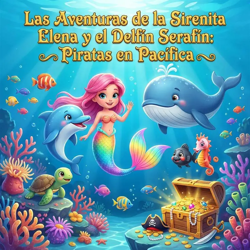 Una sirena de pelo rosa nada entre corales junto a un delfín y una ballena, con un cofre del tesoro y un sombrero pirata en el fondo marino