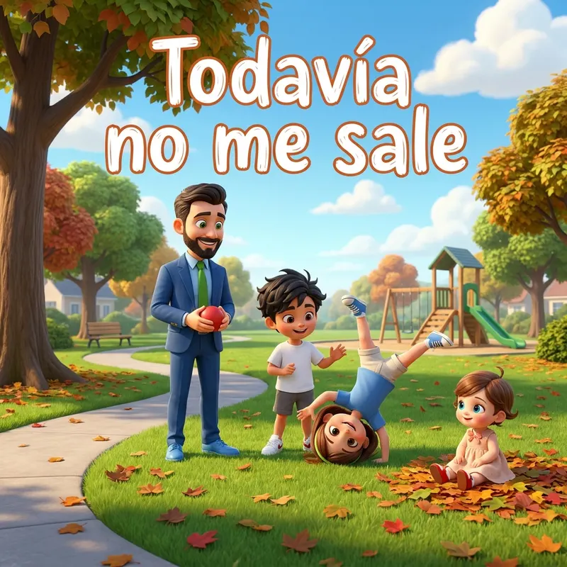 Carlos, Miguel, Noa haciendo el pino y la pequeña Ana en un parque lleno de hojas de otoño