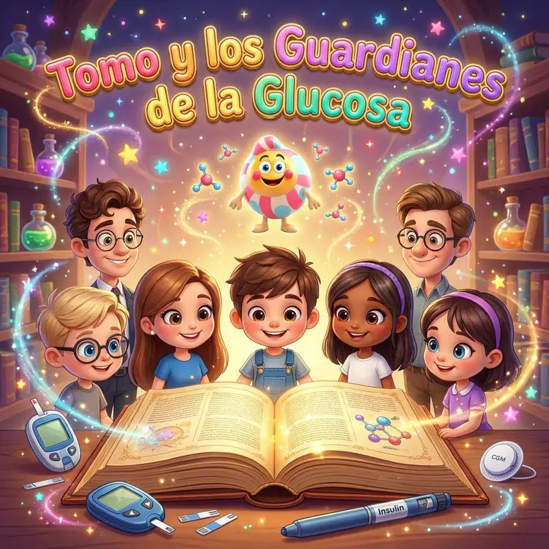 Un grupo de niños y dos adultos rodean un libro luminoso junto a un medidor de glucosa y una pluma de insulina, con un personaje de caramelo flotando encima