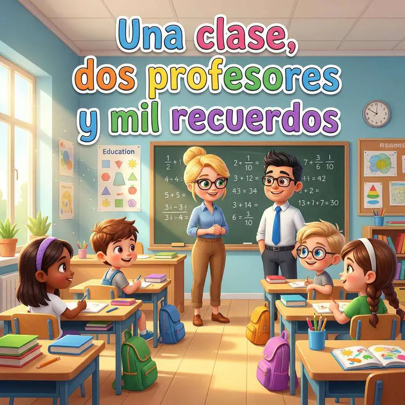 Dos profesores delante de la pizarra de un aula luminosa mientras cuatro alumnos los miran desde sus pupitres