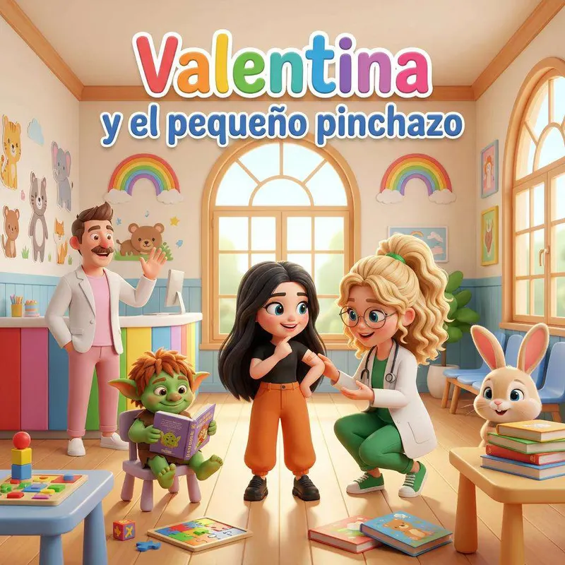 Valentina abraza a su conejito de peluche Piruleta en la consulta de la doctora Lucía y el enfermero Paco