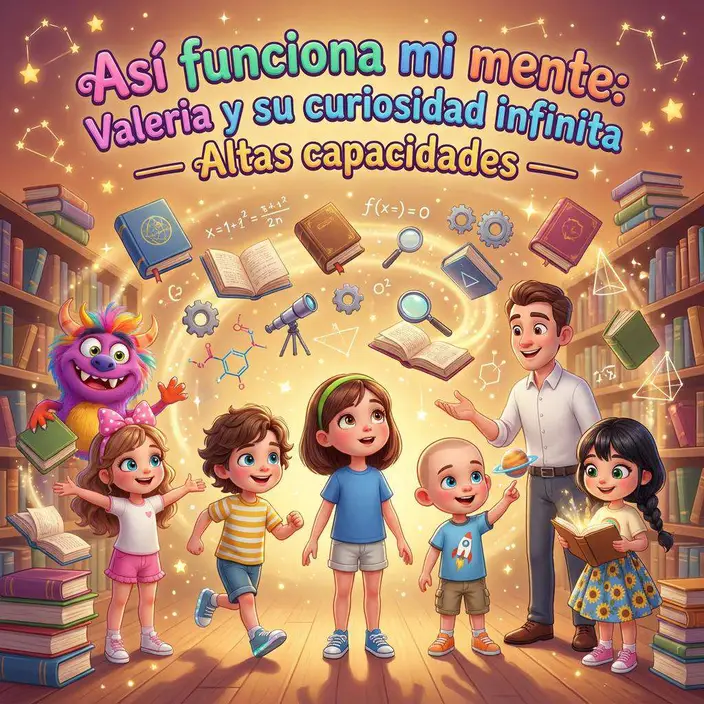 Valeria y sus cuatro amigos en el patio del colegio con libros y símbolos flotando en el aire a su alrededor