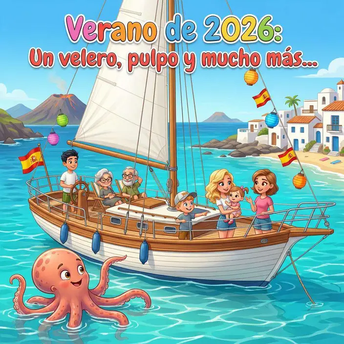 Un velero blanco navega junto a un pueblo costero mientras un pulpo naranja asoma bajo el agua