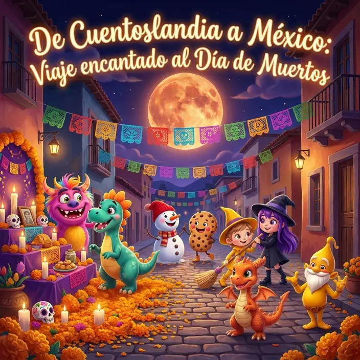 Un grupo de criaturas de Cuentoslandia recorre una calle mexicana adornada con papel picado y flores naranjas bajo una luna llena