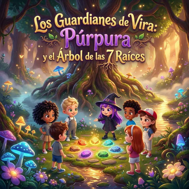 Seis niños y una niña de pelo morado con sombrero de bruja rodean siete piedras de colores frente a un árbol enorme en un bosque de setas luminosas