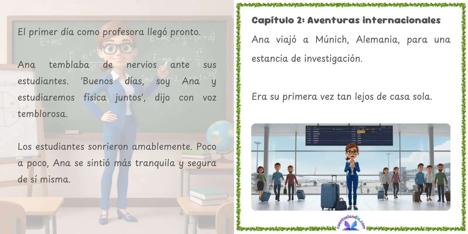 Doble página de «Ana y su Viaje hacia el Doctorado en Física»