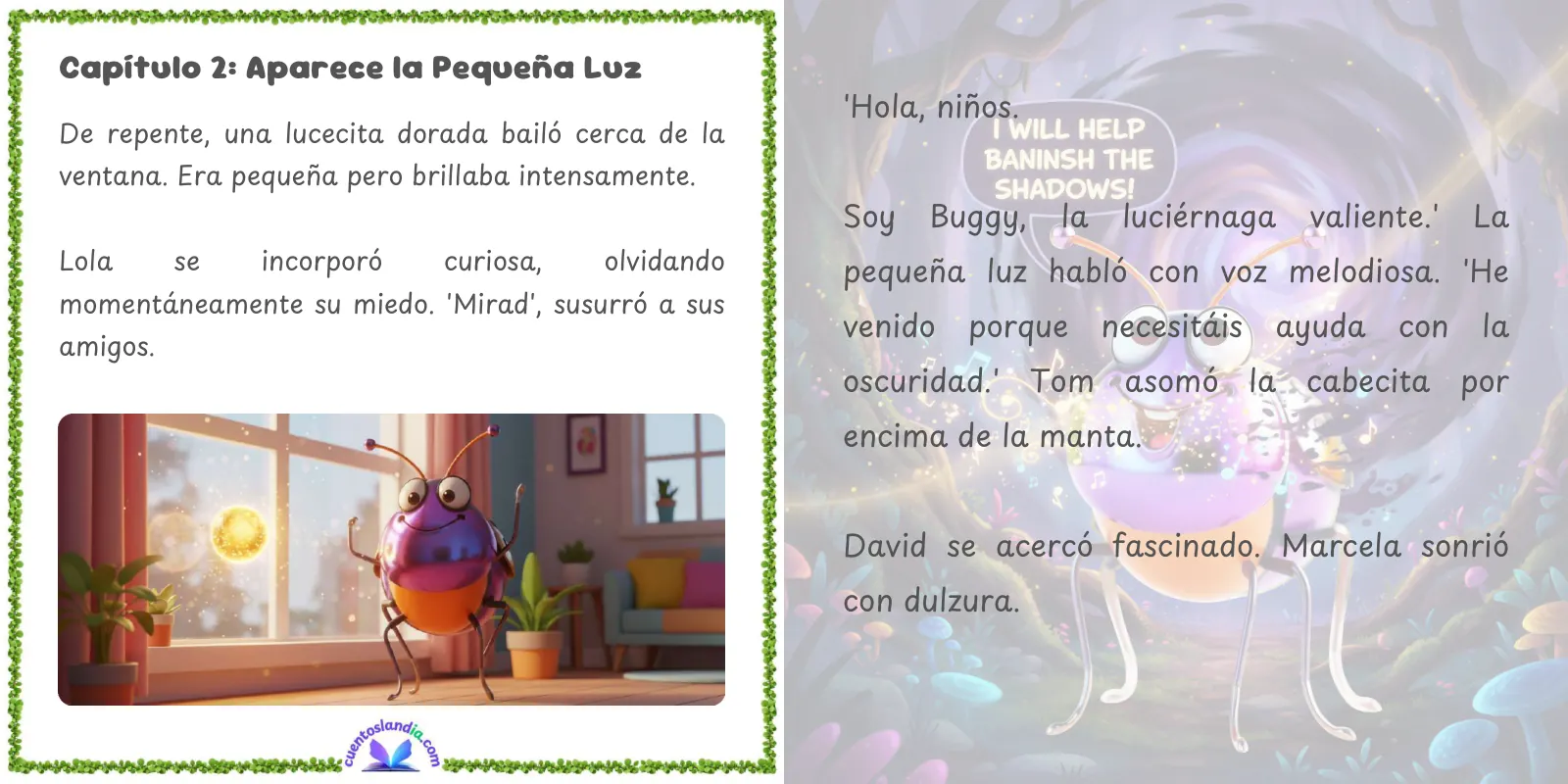Doble página de «Brillo en la Oscuridad: Lola y la Noche sin Miedo»