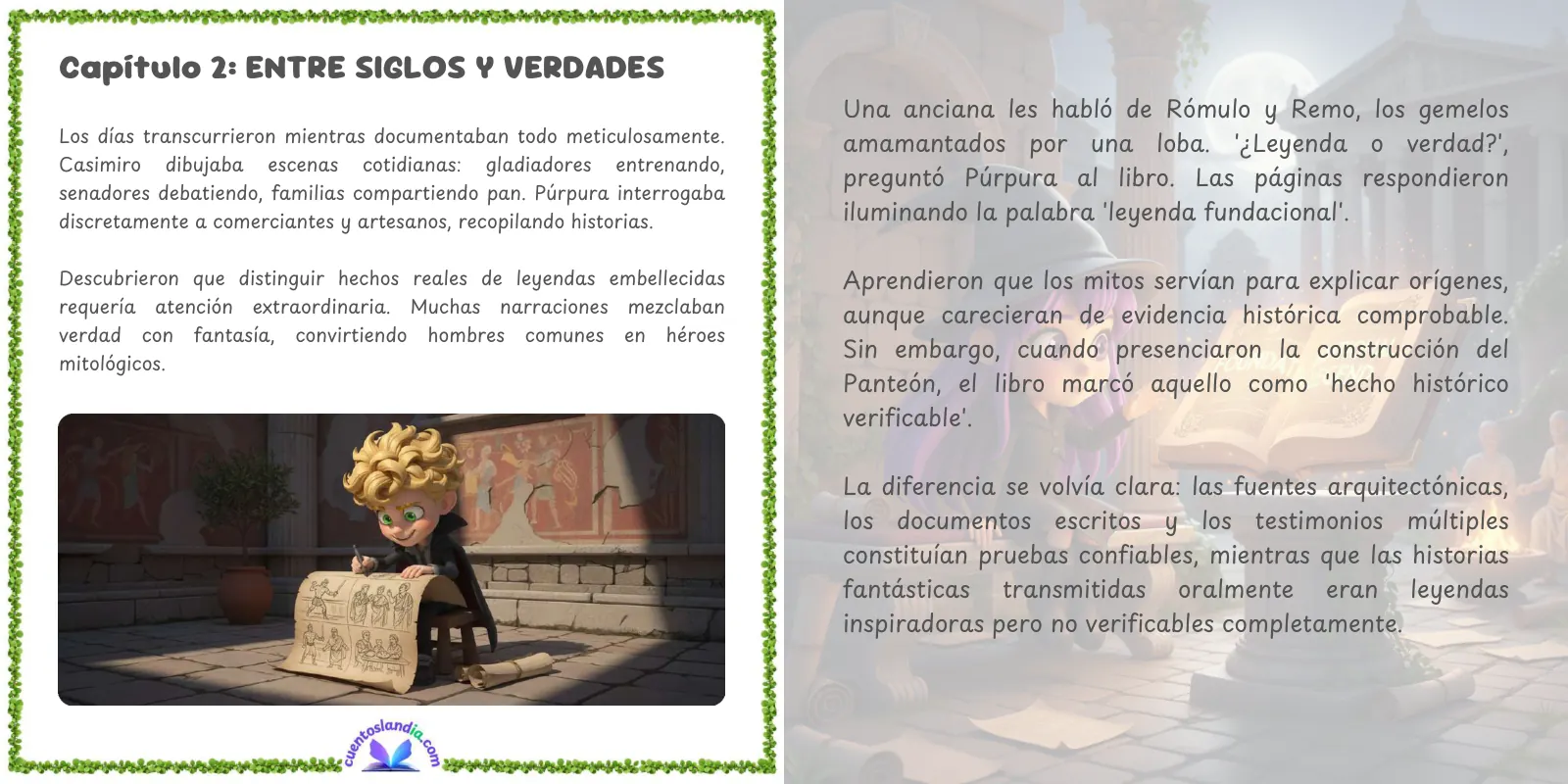 Doble página de «Casimiro, Púrpura y el portal de los siglos pasados»