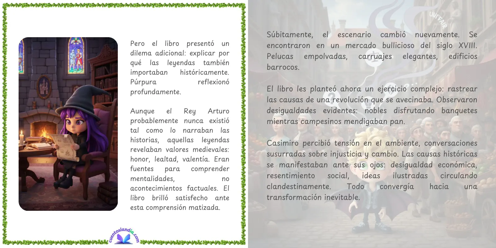 Doble página de «Casimiro, Púrpura y el portal de los siglos pasados»