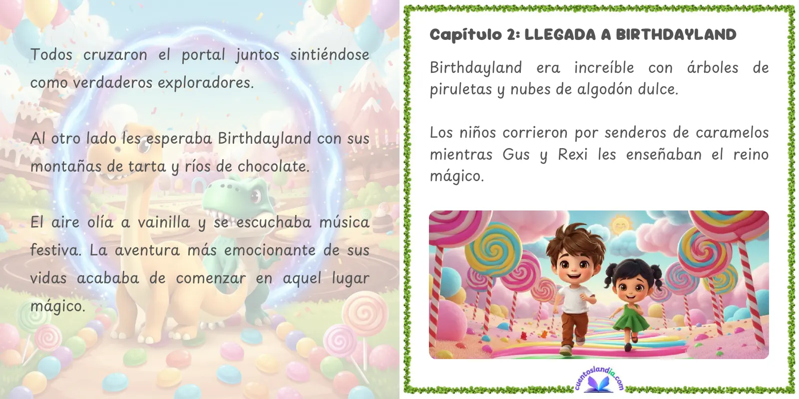 Doble página de «Cumpleaños de aventuras en Birthdayland»