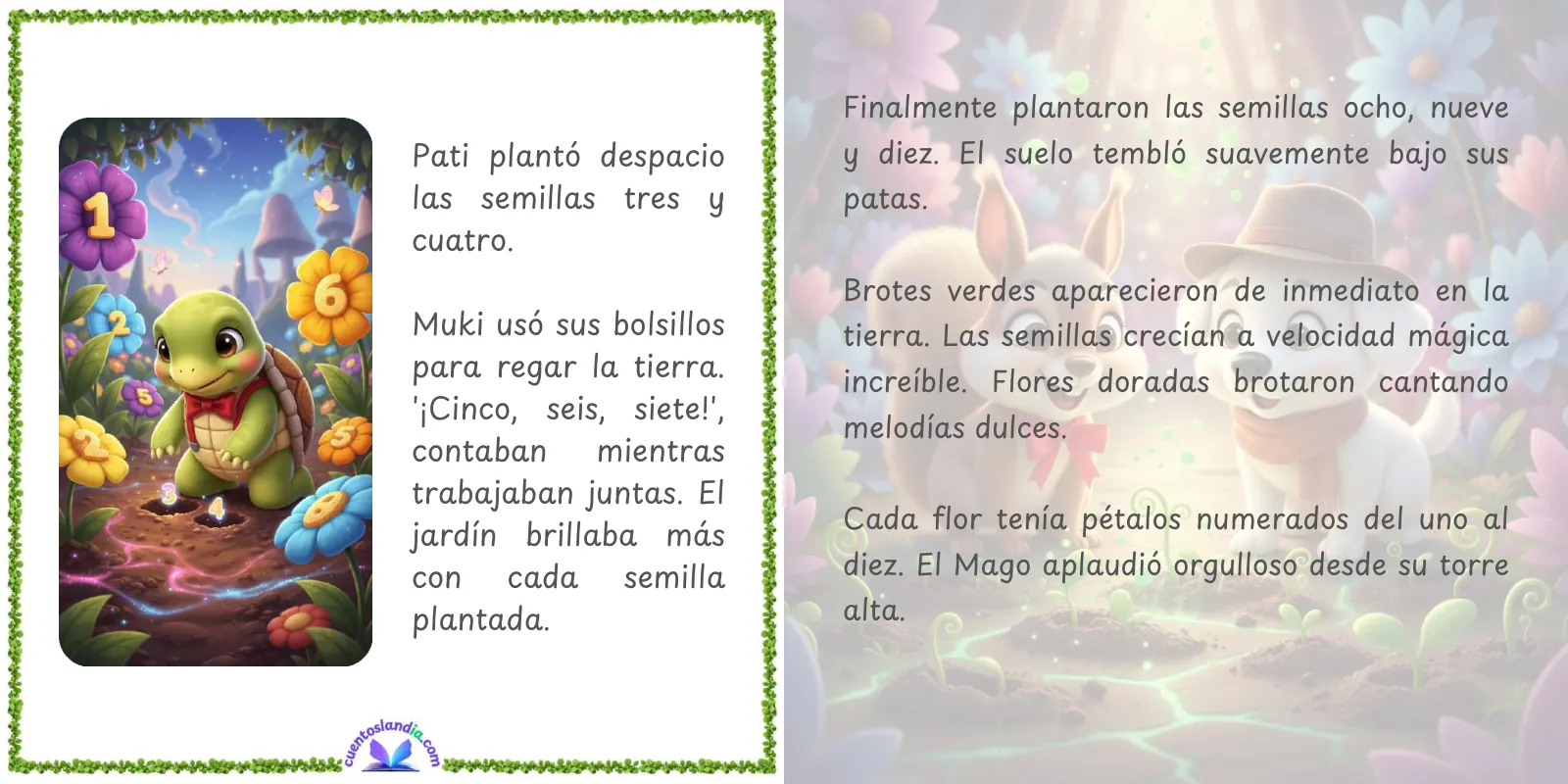 Doble página de «Cuentoslandia: Dila y las bellotas que cuentan hasta diez»