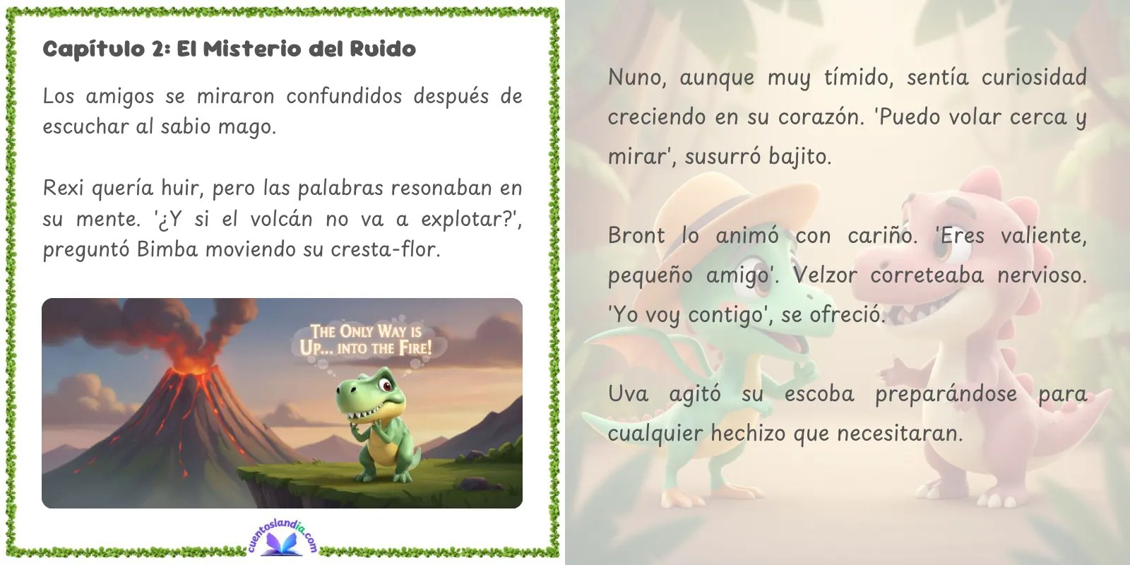 Doble página de «Dinolandia: El Volcán que Solo Quería Estornudar»