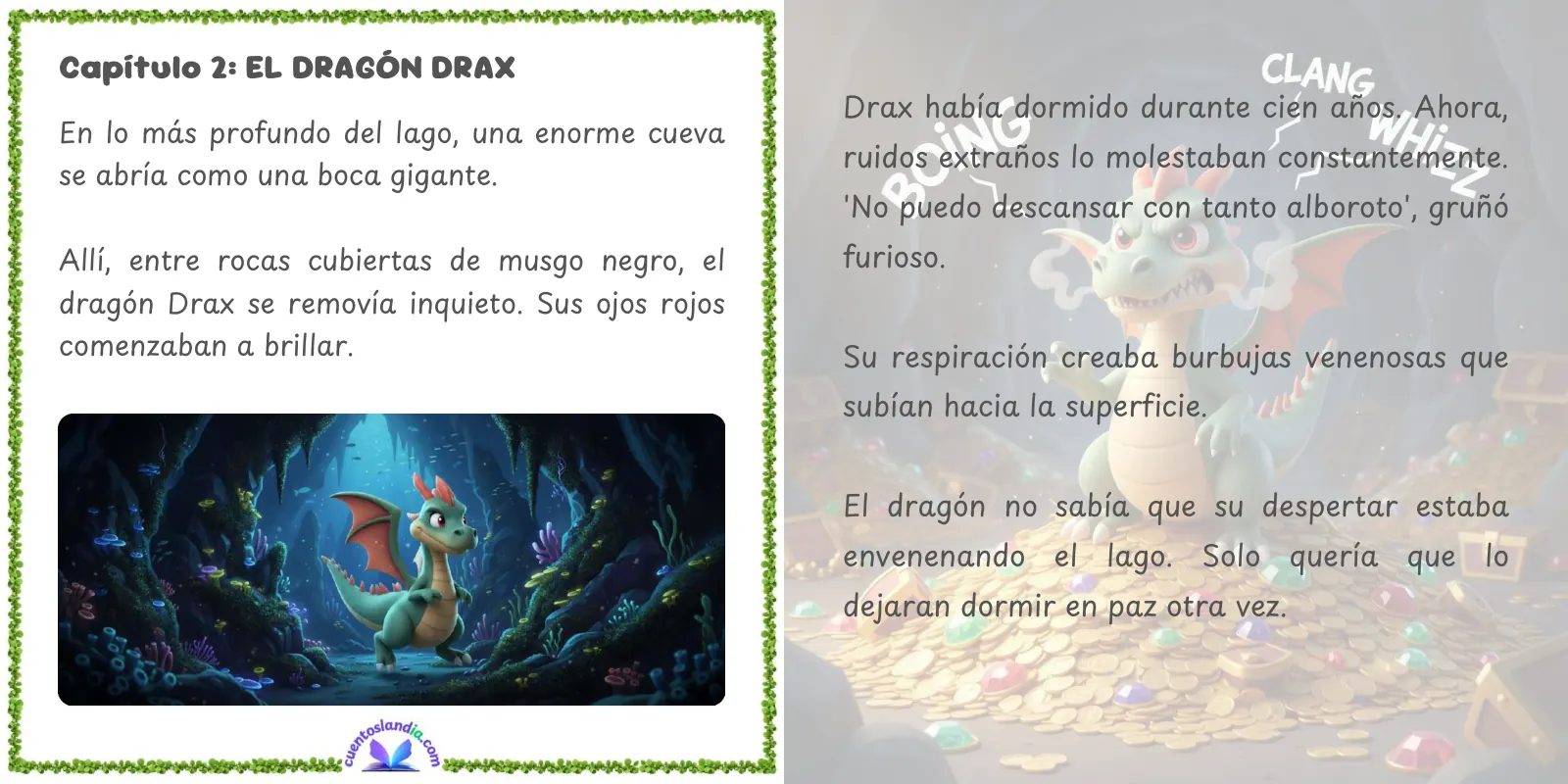 Doble página de «Hadas, Sirenas y un Dragón: El Secreto del Lago Encantado»