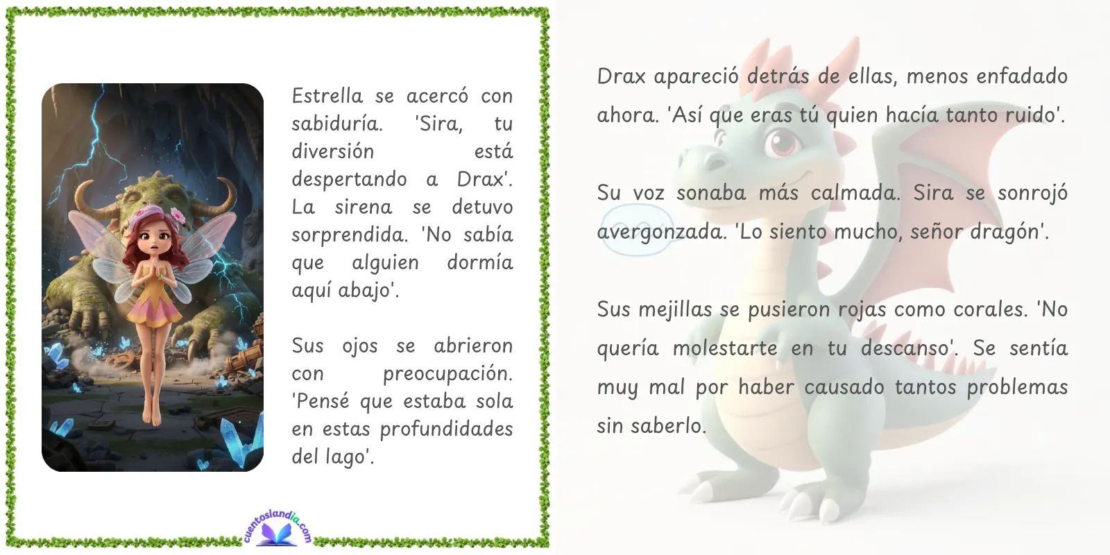 Doble página de «Hadas, Sirenas y un Dragón: El Secreto del Lago Encantado»