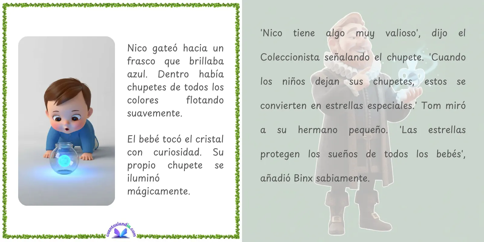 Doble página del cuento: un bebé gatea hacia un frasco de cristal donde flotan chupetes de colores, con el texto maquetado al lado