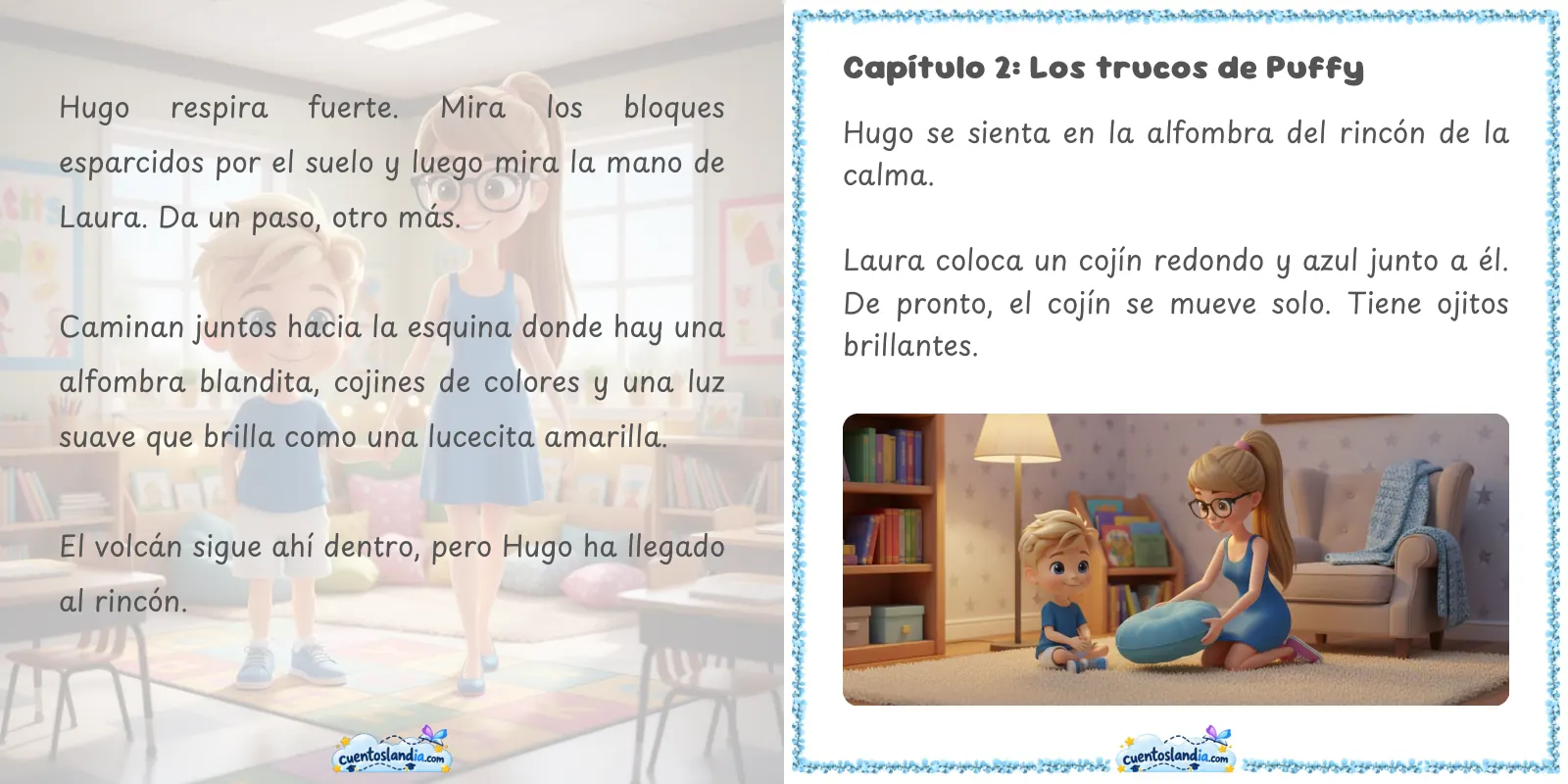 Doble página de «Hugo, Alba y el rincón de la calma»