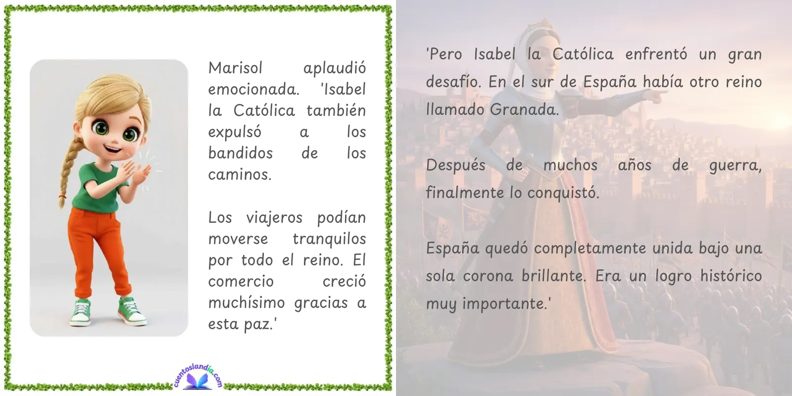 Doble página de «Historia con la Bruja Uva: Isabel la Católica»
