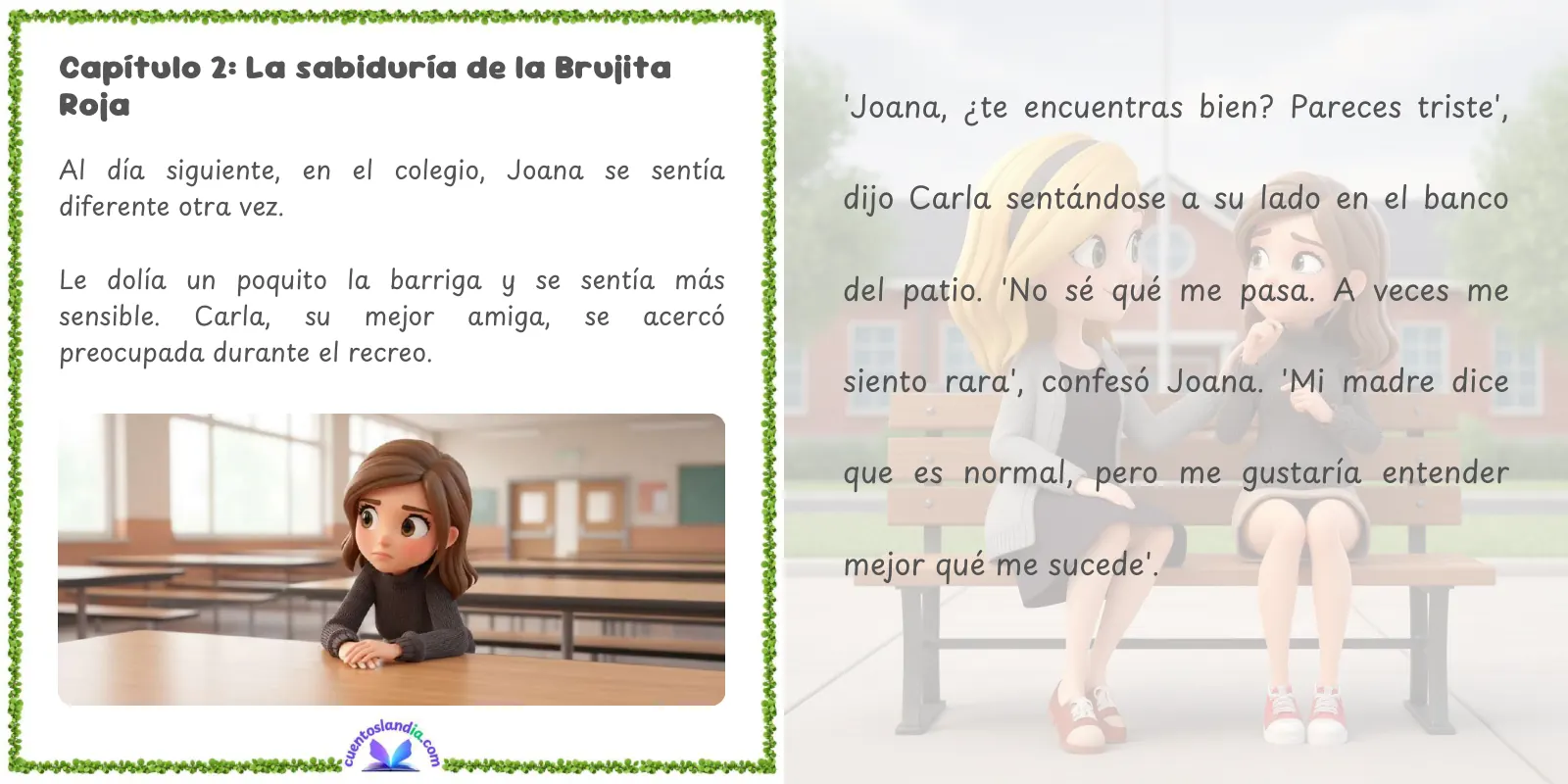 Doble página de «Joana y su Mágico Ciclo Menstrual»