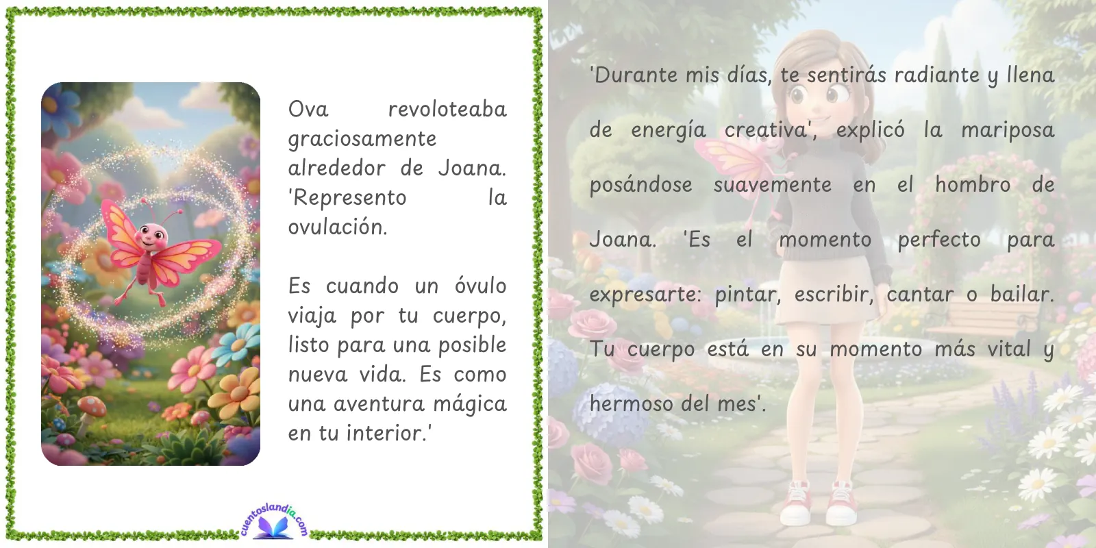Doble página de «Joana y su Mágico Ciclo Menstrual»
