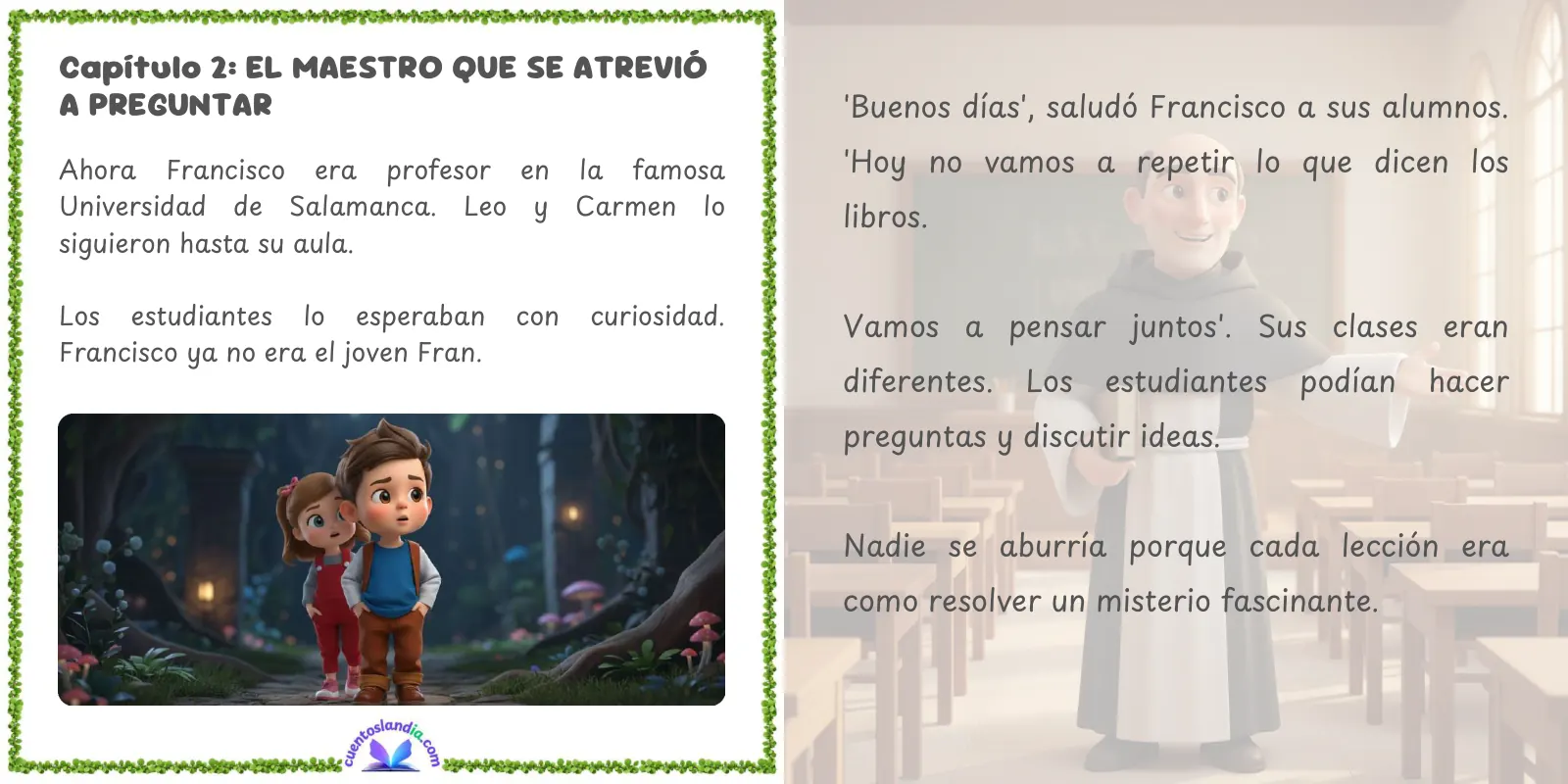 Doble página de «Las Aventuras de Leo y Carmen: un Viaje Mágico con Francisco de Vitoria»