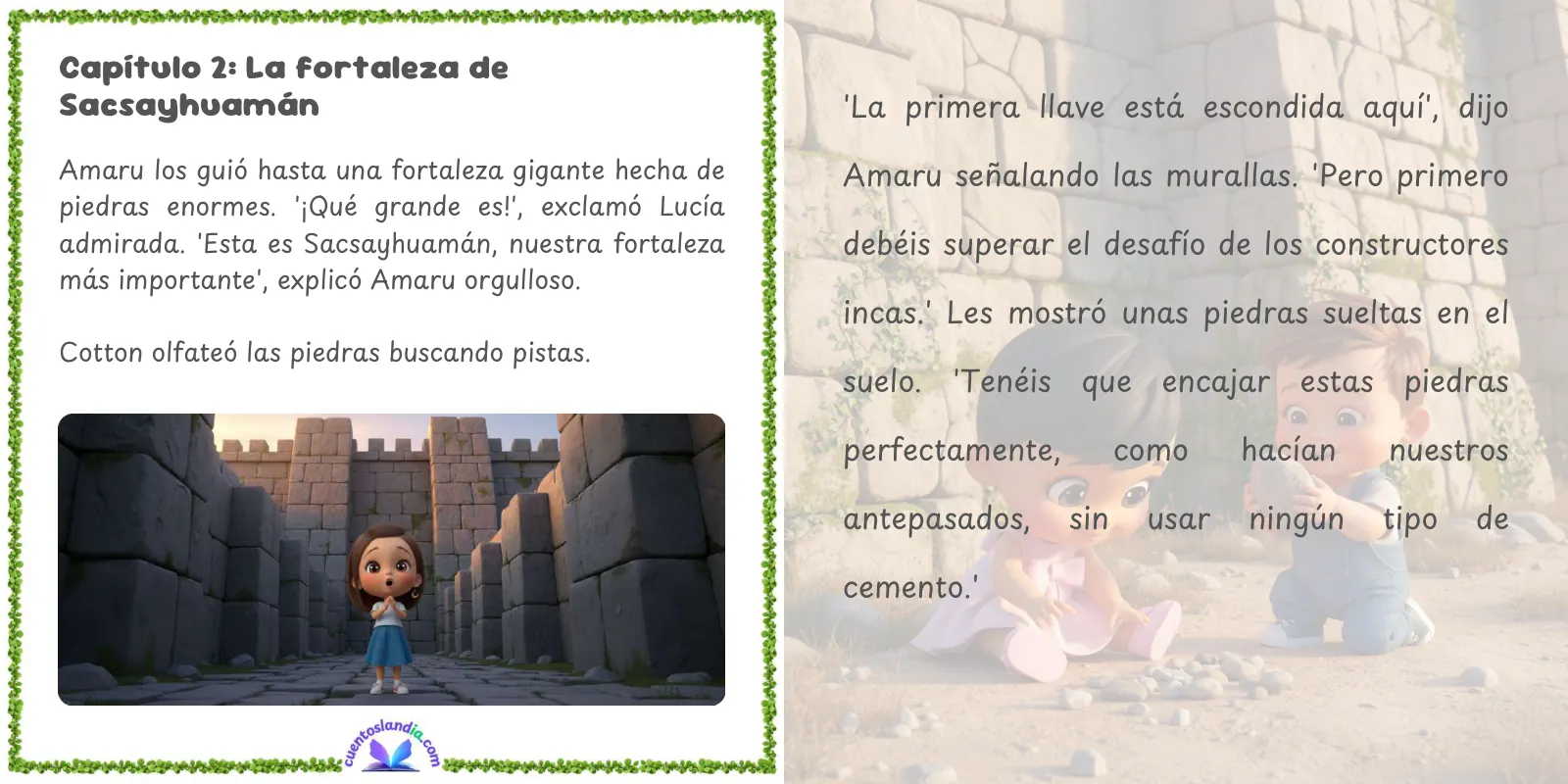 Doble página de «Lucía, Pepe y los Secretos del Imperio Inca»