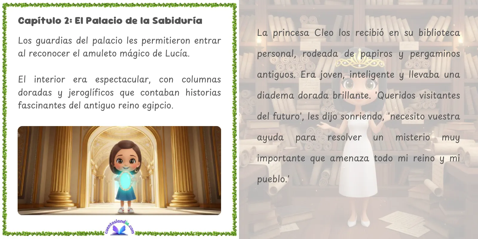 Doble página de «Lucía, Pepe y el Misterio de la Princesa Cleo»