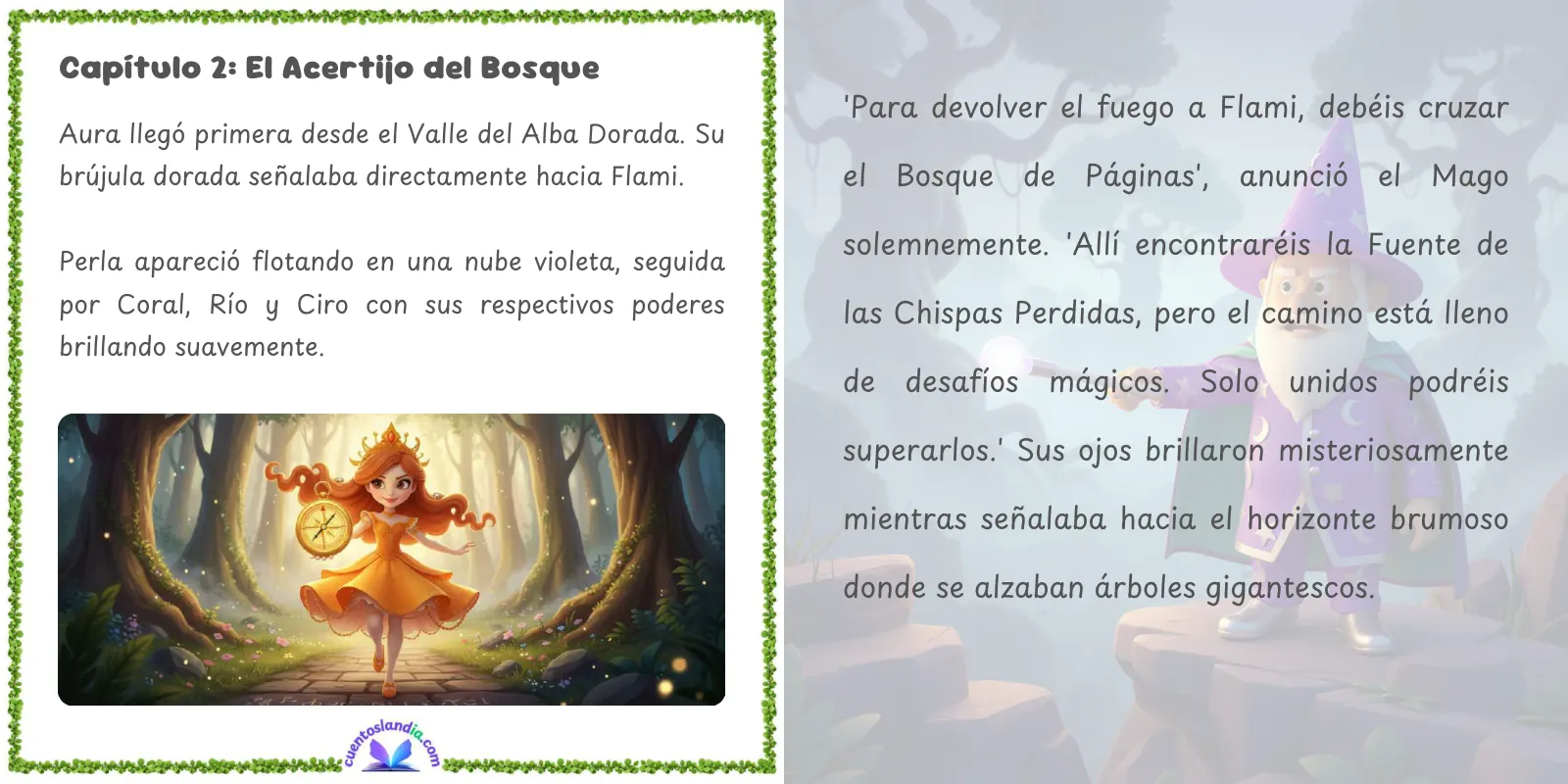 Doble página de «Princesas de Cuentoslandia: El Misterio de la Llama Perdida»