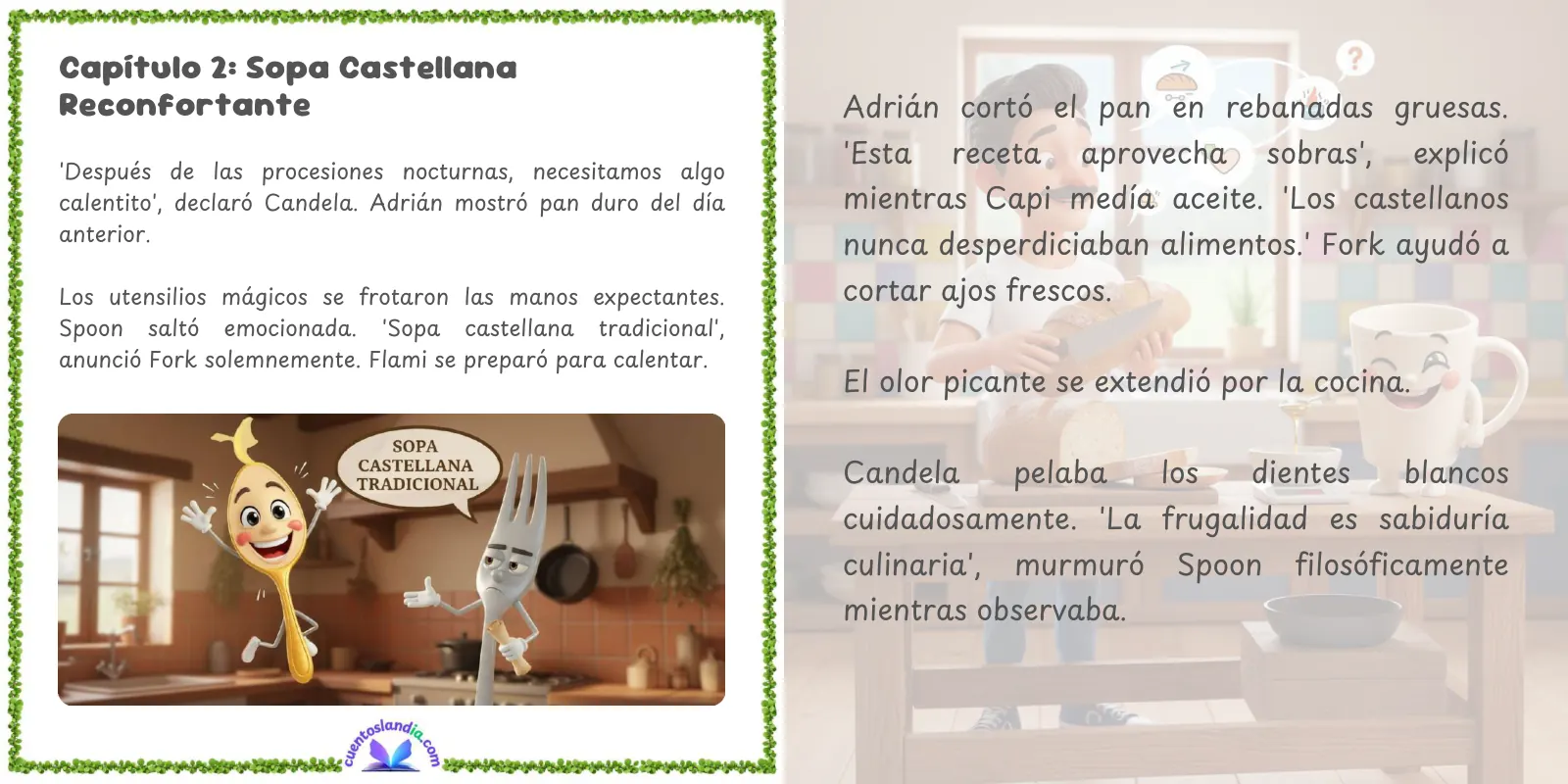 Doble página de «El Cuento de Recetas de Adrián y Candela: Recetas de Semana Santa»