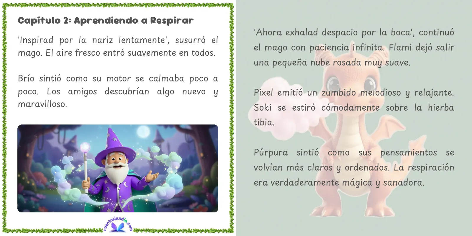 Doble página de «Respira y Sueña: Aventuras de Meditación en Cuentoslandia»