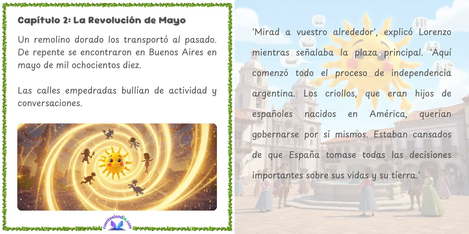 Doble página de «Viaje Mágico: De la Revolución a la Independencia de Argentina»
