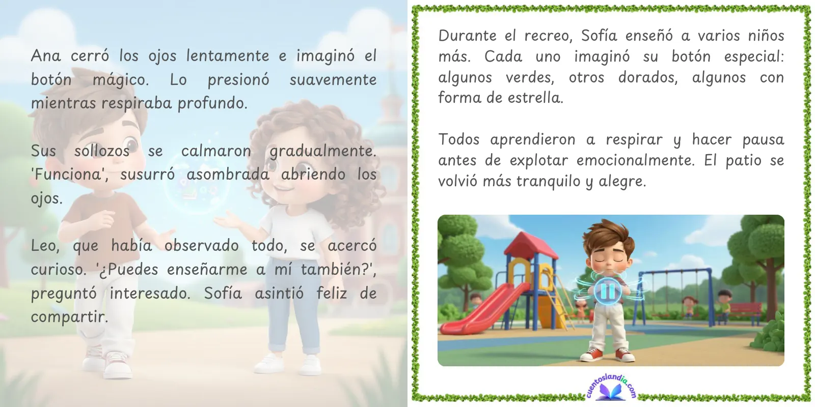 Doble página de «Sofía y el Botón de Pausa»