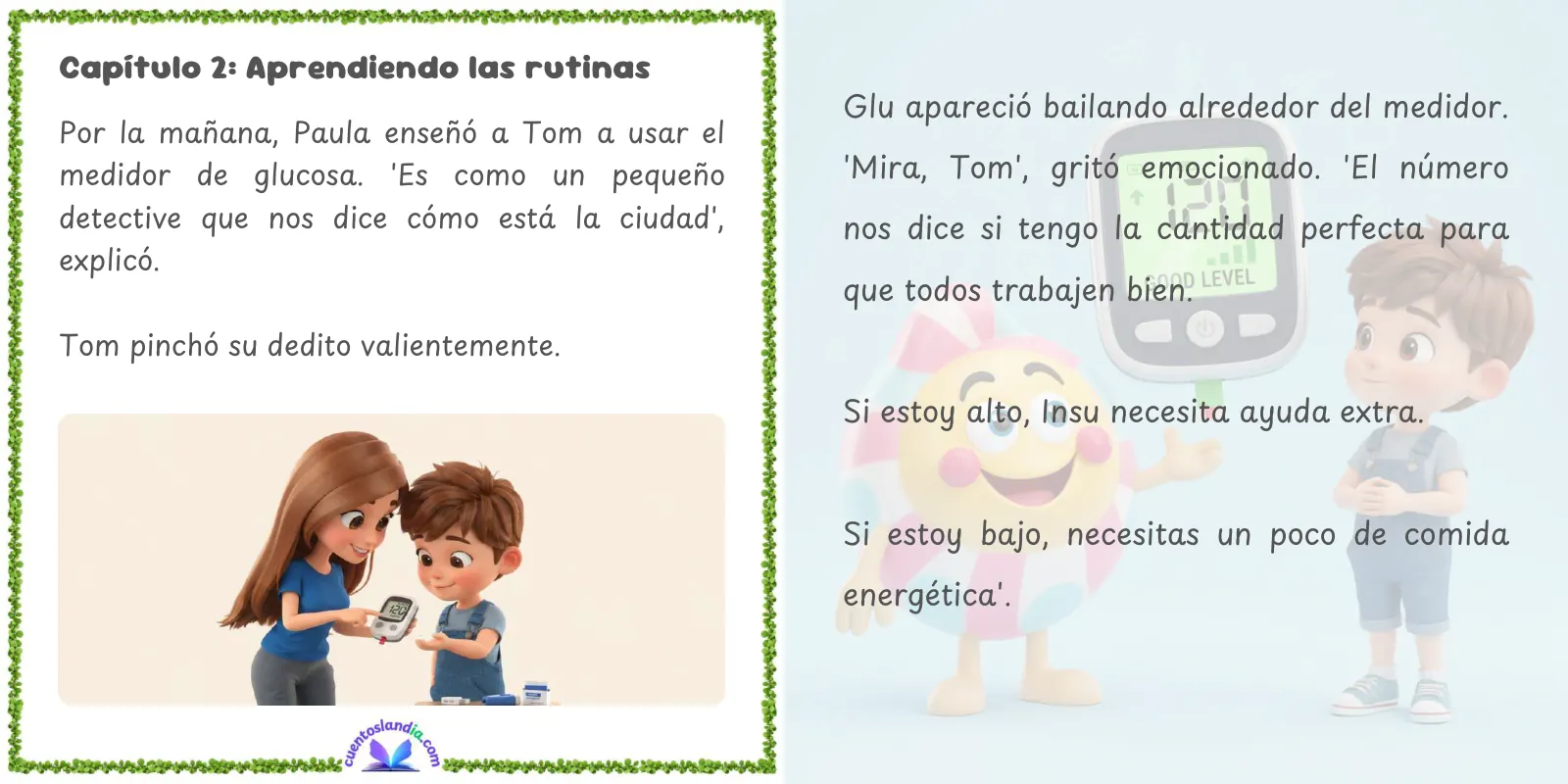 Doble página de «Tomo y los Guardianes de la Glucosa»