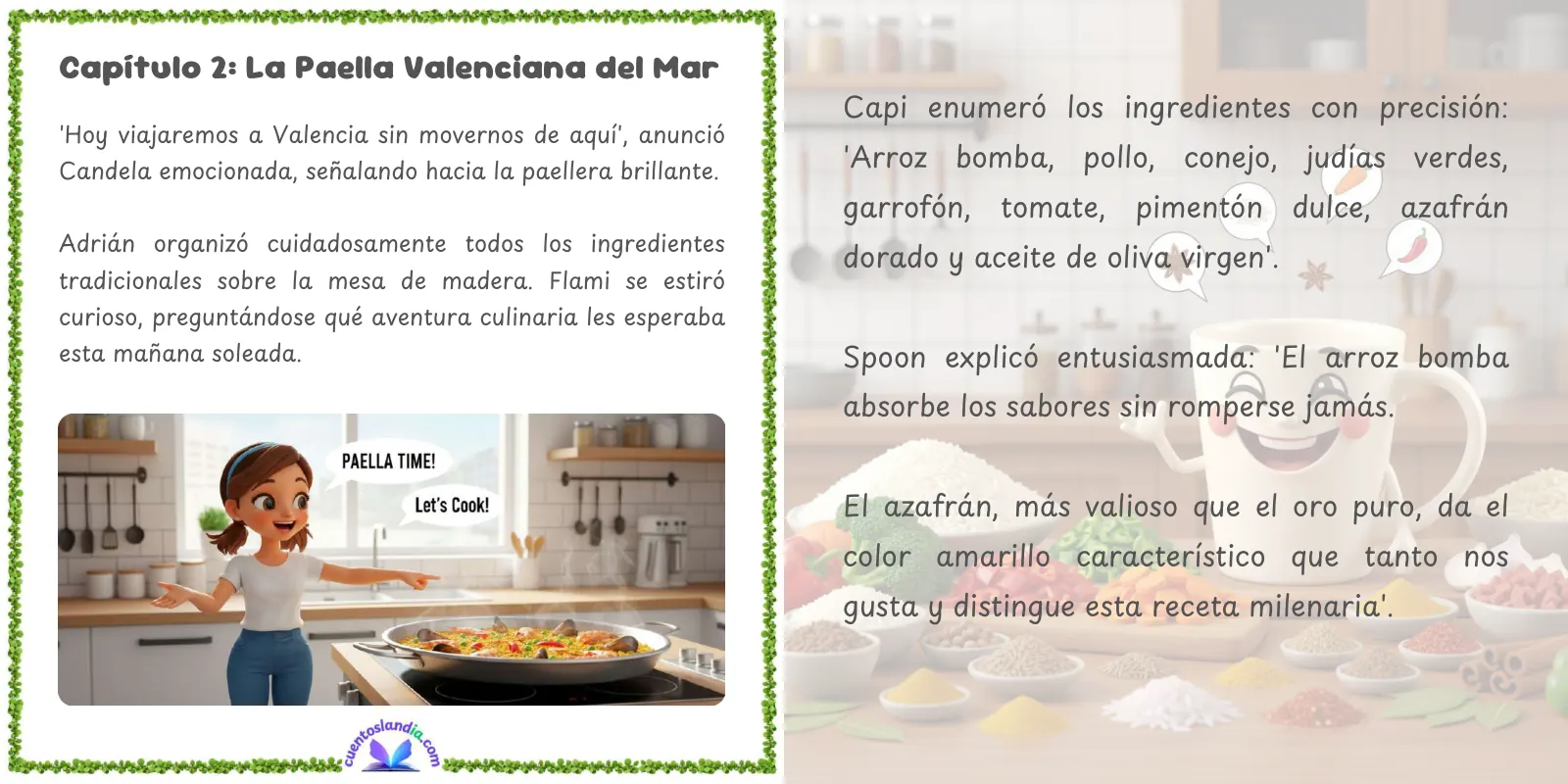 Doble página de «El Cuento de Recetas de Adrián y Candela: Tortilla Española, Paella Valenciana, Cocido Madrileño, Paparajote Murciano»