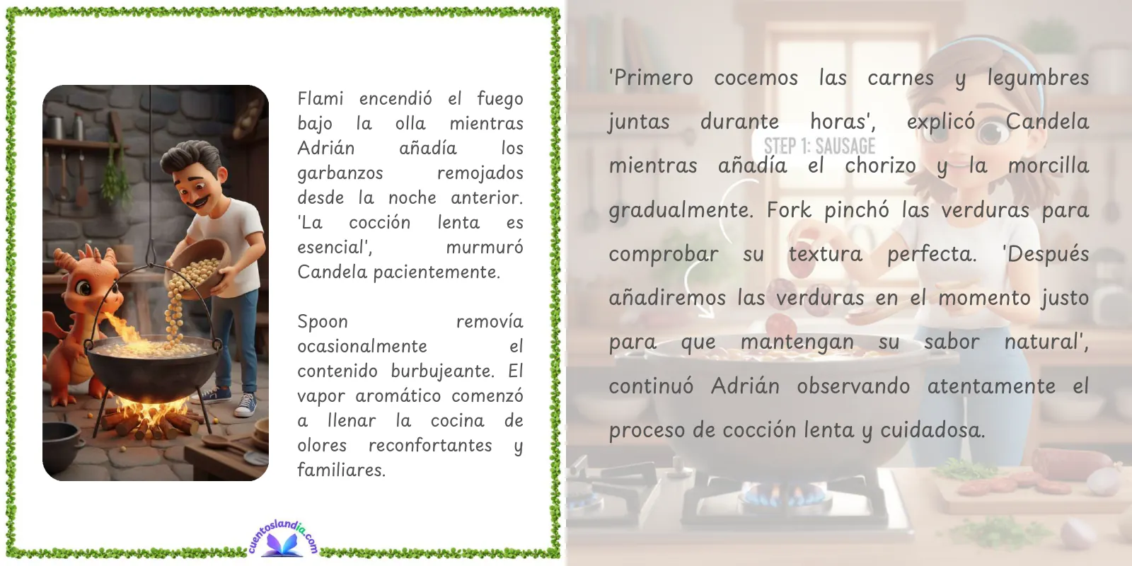 Doble página de «El Cuento de Recetas de Adrián y Candela: Tortilla Española, Paella Valenciana, Cocido Madrileño, Paparajote Murciano»