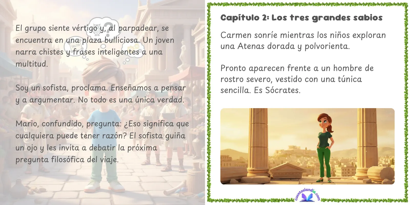 Doble página de «Mario y su Viaje a la Filosofía Griega»