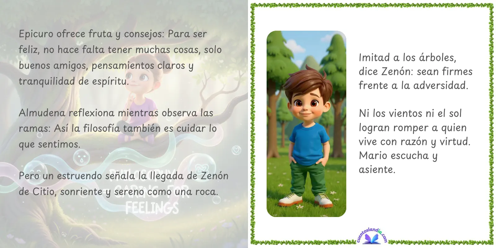 Doble página de «Mario y su Viaje a la Filosofía Griega»