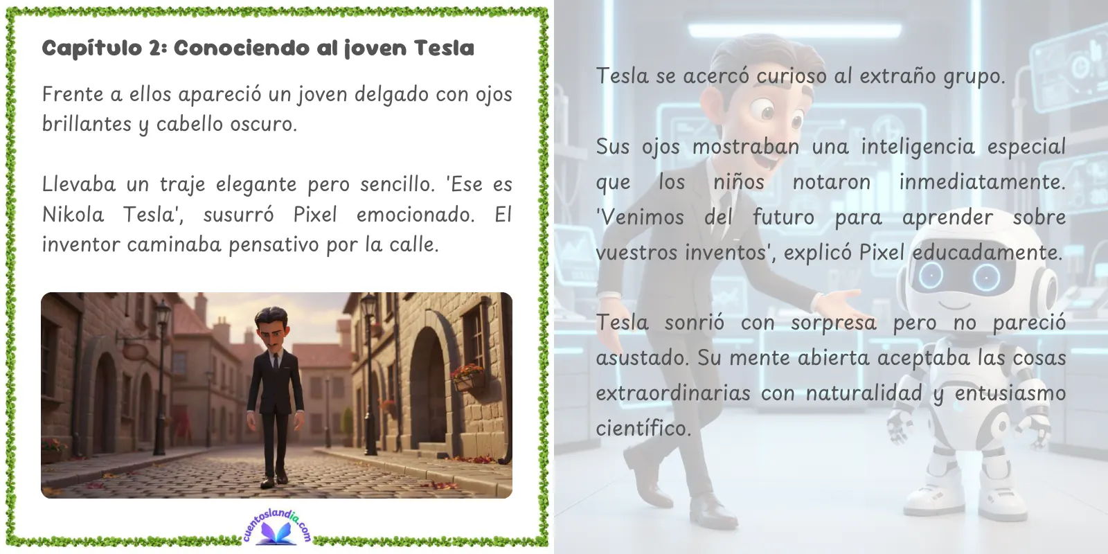 Doble página de «Carlos, Adri y su Viaje con Nikola Tesla»