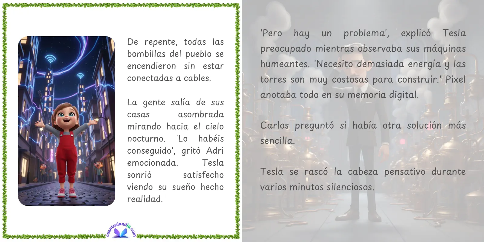 Doble página de «Carlos, Adri y su Viaje con Nikola Tesla»