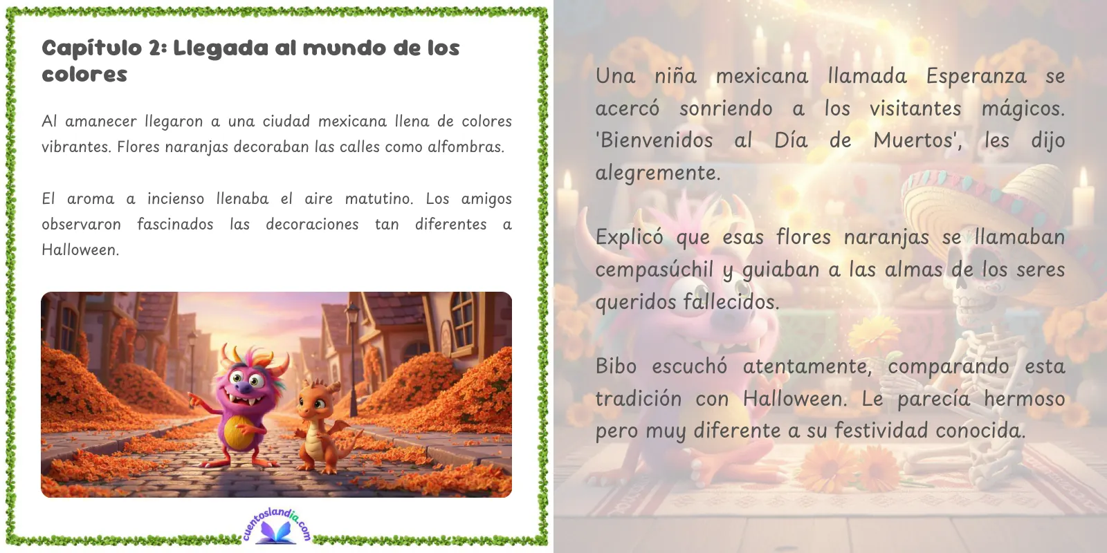 Doble página de «De Cuentoslandia a México: Viaje encantado al Día de Muertos»