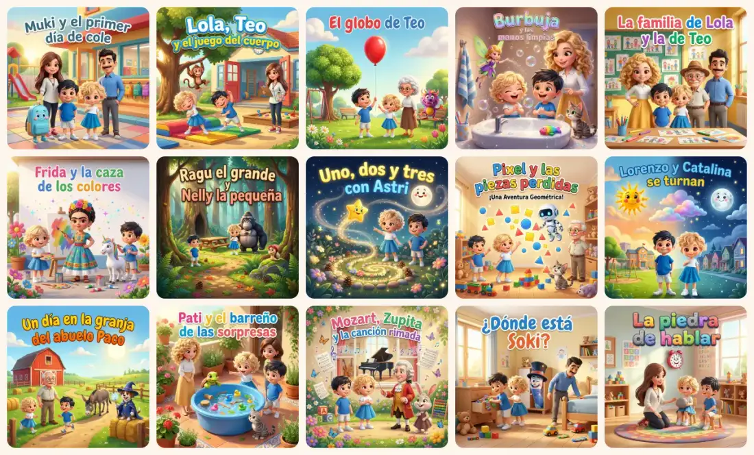 Portadas de los 15 cuentos de la colección de Infantil 3 años, protagonizados por Teo y Lola