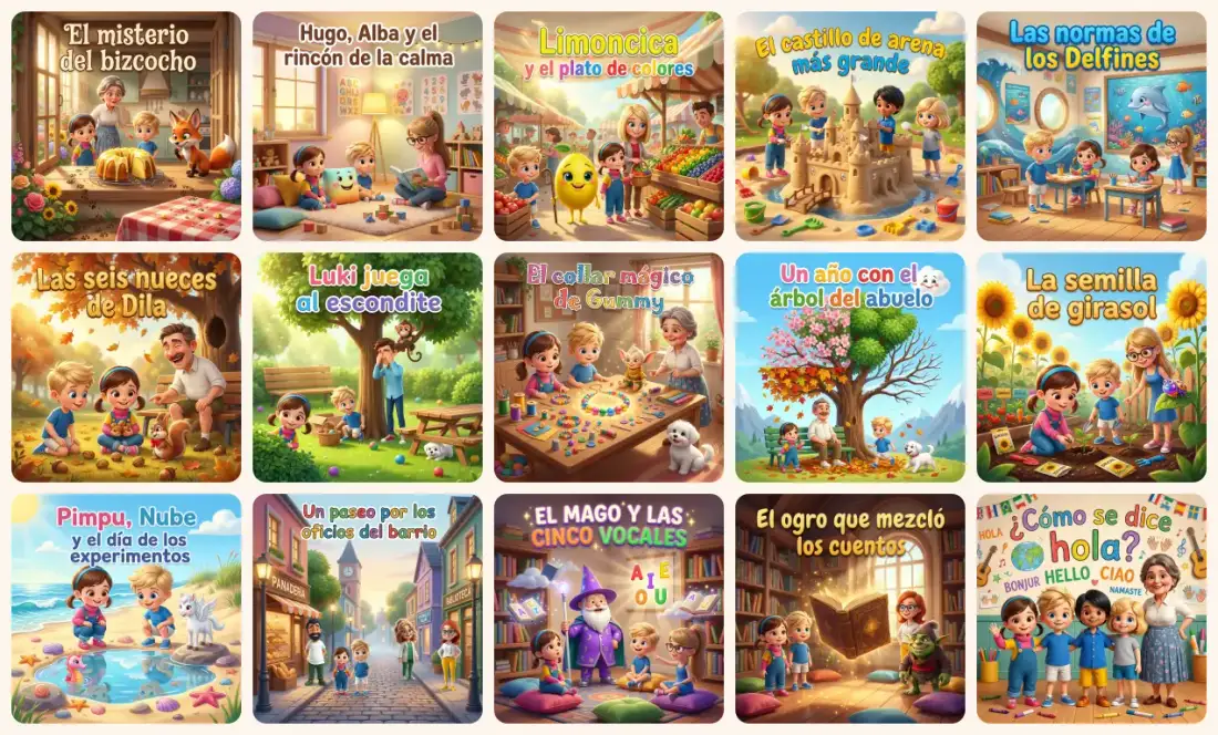 Portadas de los 15 cuentos de la colección de Infantil 4 años, protagonizados por Hugo y Alba