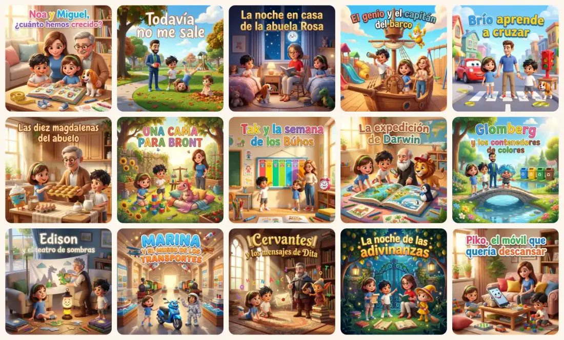 Portadas de los 15 cuentos de la colección de Infantil 5 años, protagonizados por Noa y Miguel