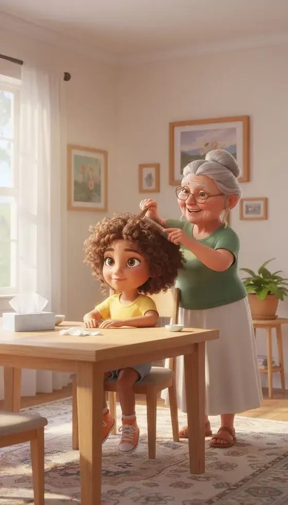 La abuela Meche peina a Mariana mechón por mechón con un peine fino, ilustración del cuento sobre higiene y piojos para 3er grado