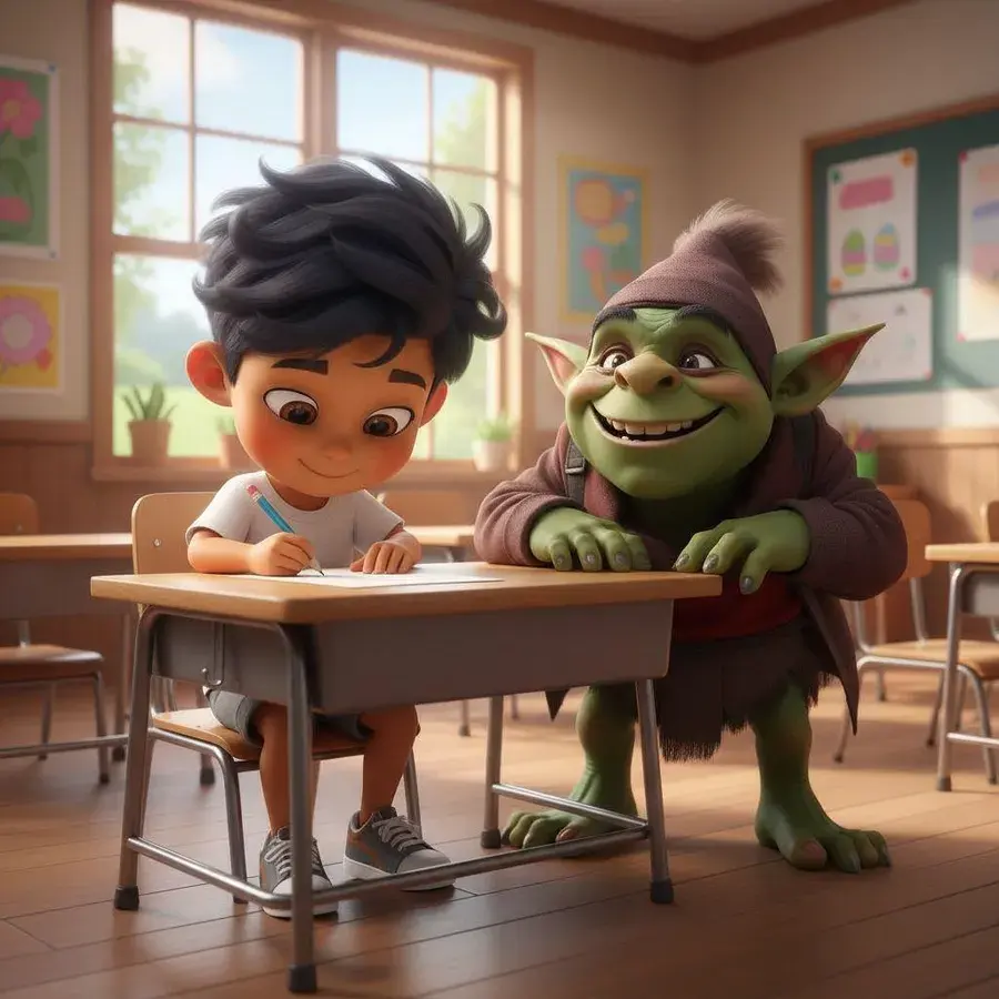 Emiliano dibuja en su pupitre mientras Yuko, el ogro verde, se asoma sonriente a ver su hoja, ilustración del cuento sobre diversidad y derechos