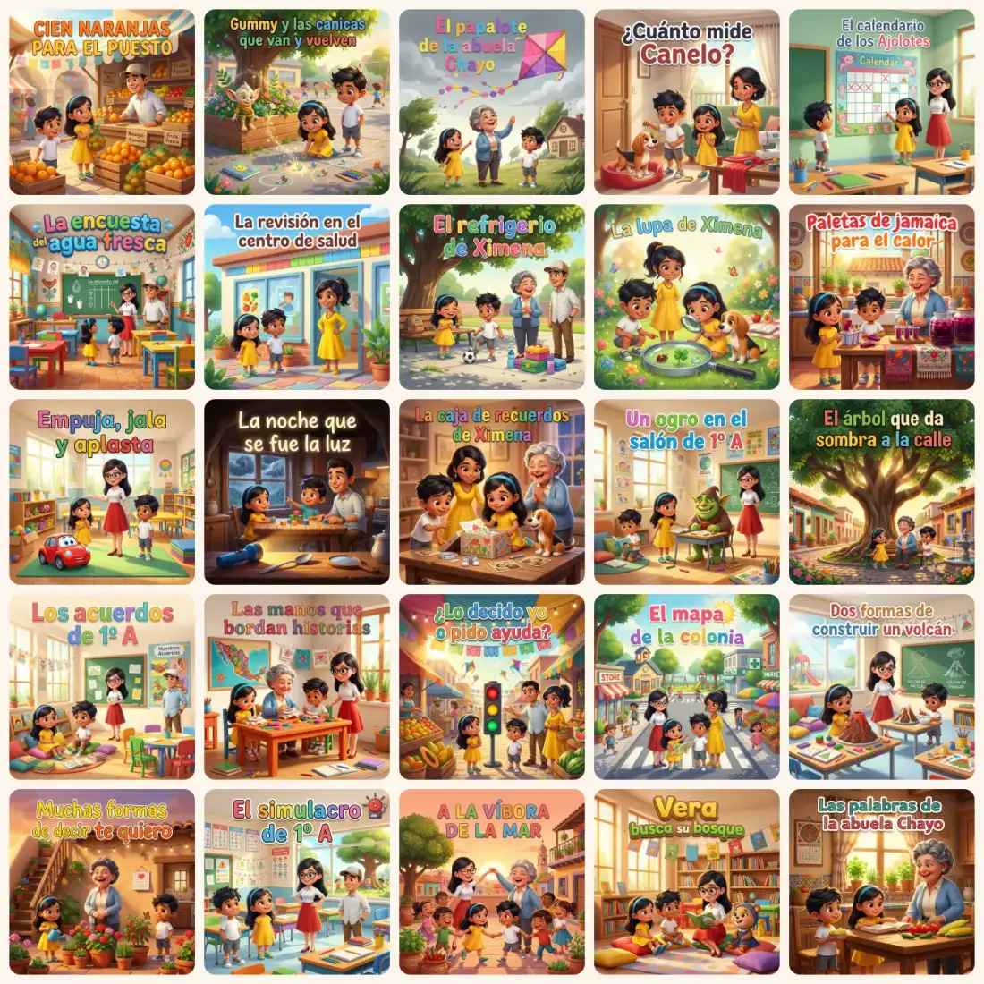 Portadas de los 25 cuentos de la colección de 1er grado de primaria, protagonizados por Ximena y Emiliano