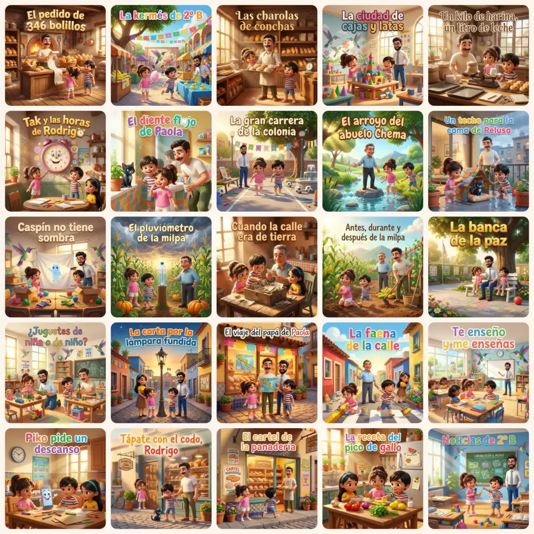 Portadas de los 25 cuentos de la colección de 2º grado de primaria, protagonizados por Paola y Rodrigo
