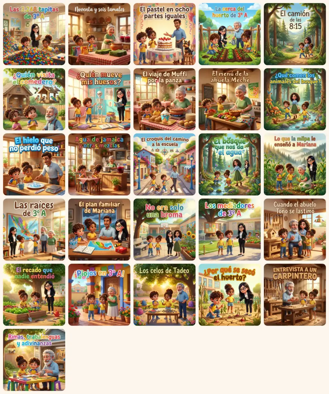 Portadas de los 26 cuentos de la colección de 3er grado de primaria, protagonizados por Mariana y Tadeo