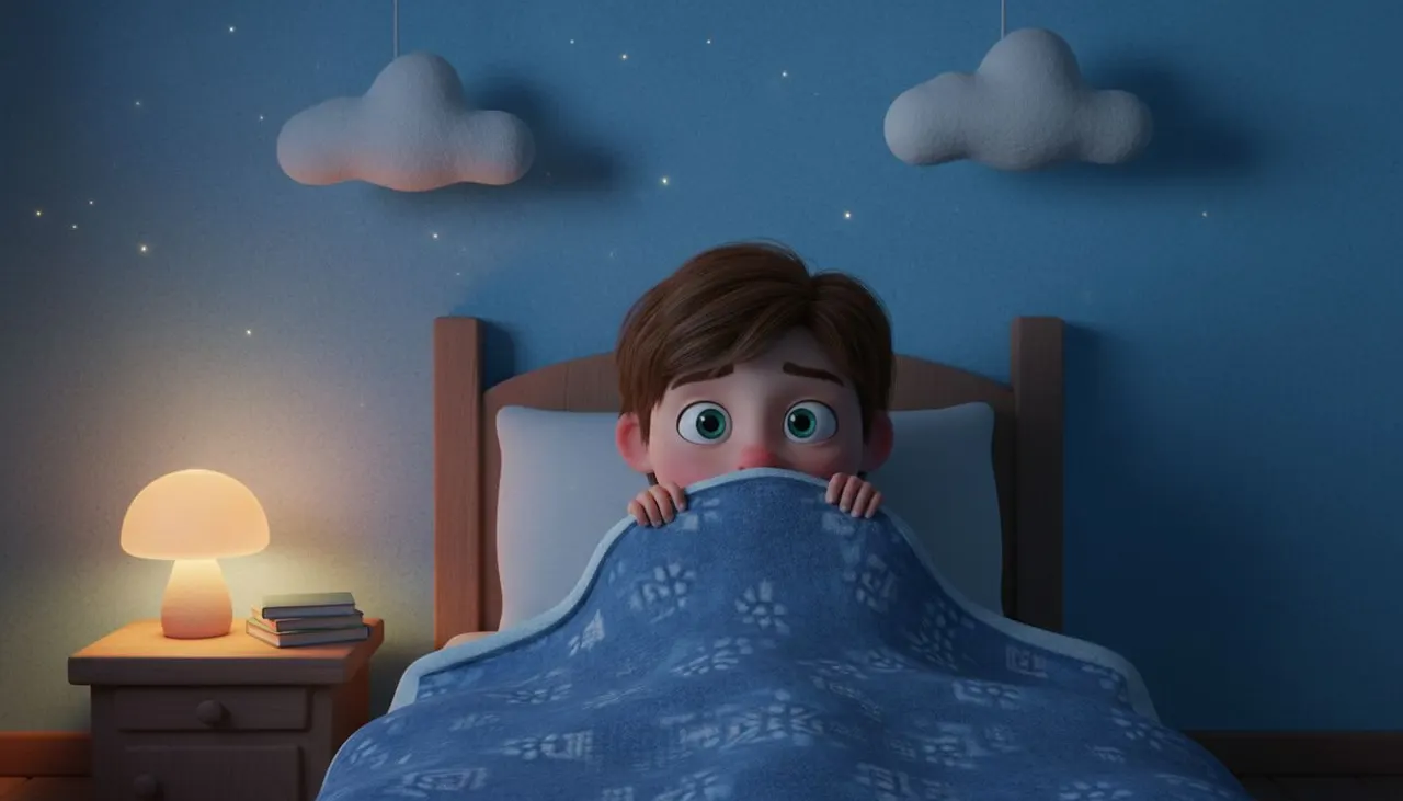 Niño con miedo a la oscuridad asomado bajo la manta en su cama por la noche