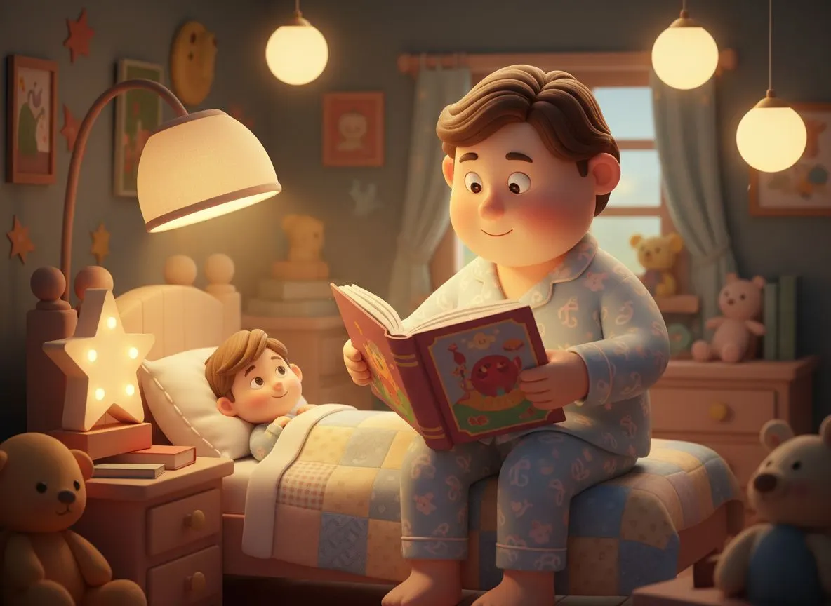 Padre leyendo un cuento a su hijo antes de dormir para calmar el miedo a la oscuridad